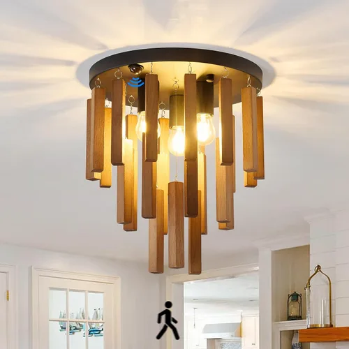 Miniatura 13 de Lámparas de techo semiempotradas de 3 luces, lámpara de madera bohemia, lámpara de techo de roble y negro con E26 para cocina, sala de estar