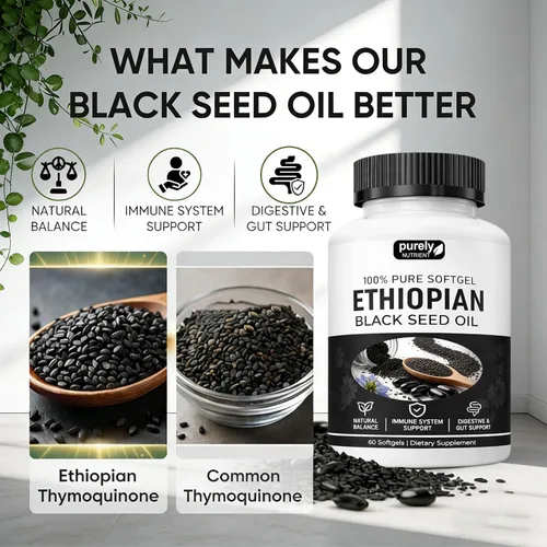 Miniatura 2 de Aceite de semilla negra etíope puramente nutritiva, cápsulas de aceite de semilla negra puramente etíope 4.64% timoquinona, cápsulas blandas