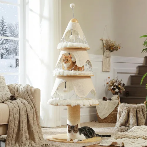Miniatura 13 de MUTTROS Árbol moderno de madera para gatos de 42.5 pulgadas con condominio de 2 pisos, postes rascadores, nido de cápsulas y bolas colgantes