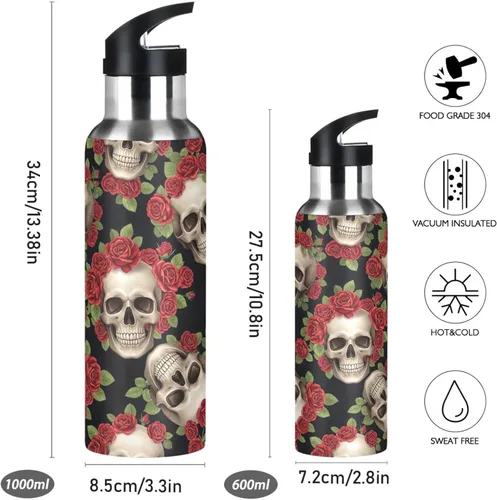 Miniatura 2 de Skulls Vibrant Red Roses Stainless Steel Vacuum Insulated Water Bottle 20 Oz Leakproof Water Bottles, BPA-Free Sport Water Bottle Insulated