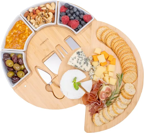 Miniatura 10 de ChefSofi Juego de tabla de charcutería y plato para servir queso, hecho de madera de acacia, juego de tabla de queso y cuchillos patentado por