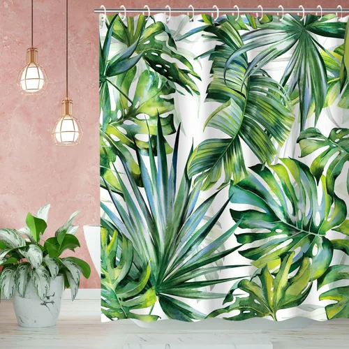 Miniatura 2 de LIVILAN Juego de cortinas de ducha con hojas de plantas tropicales, diseño botánico de selva con 12 ganchos para decoración de baño, 72 x 72 pulgadas