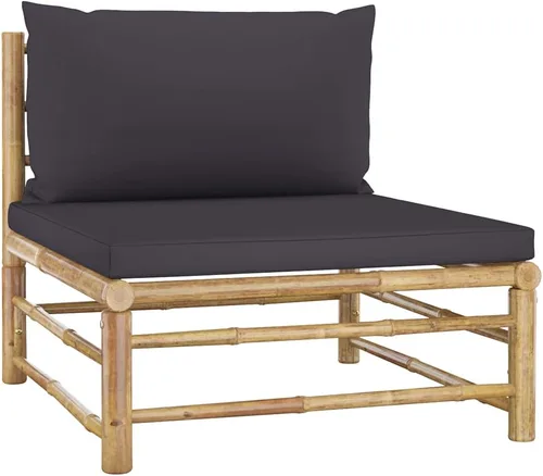Miniatura 4 de vidaXL Juego de sala de patio de 3 piezas con elegantes cojines gris oscuro, muebles de exterior de bambú, sofá medio, reposapiés, mesa auxiliar