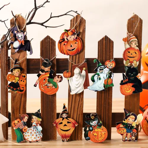 Miniatura 2 de Geelin 24 piezas de adornos góticos de Navidad para decoraciones de árbol Gato negro Calabaza Talla de madera Murciélago Colgante Pendientes