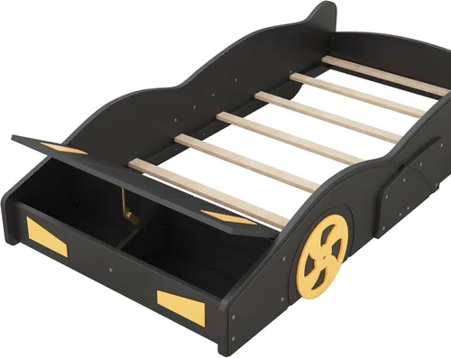Miniatura 6 de Cama de plataforma en forma de auto de carreras de tamaño individual con ruedas y almacenamiento, base de cama de plataforma de madera maciza