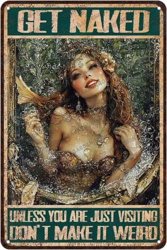 Divertido cartel de lata vintage de sirena para baño, cartel de metal de sirena, decoración de pared de baño de playa, 30 x 20 cm