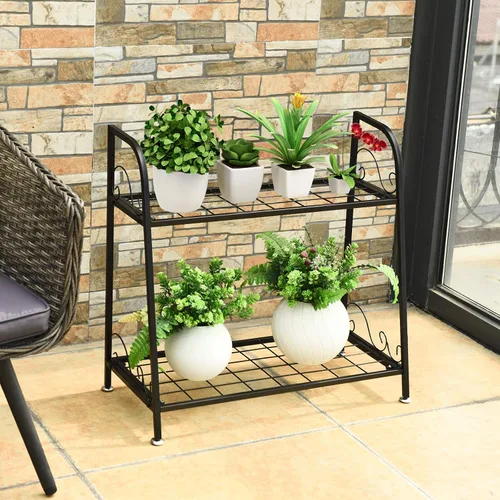Miniatura 3 de Giantex Soporte de metal de 2 niveles para plantas, estante para plantas de interior y exterior, estante de exhibición de flores, soporte