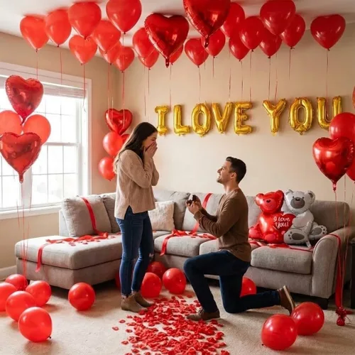 Miniatura 4 de Juego de globos y globos de aniversario, kit romántico de globos de corazón con rosa roja, decoraciones de aniversario para boda, confesión