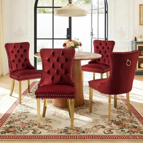 Miniatura 111 de Juego de 4 sillas de comedor de terciopelo, sillas de comedor tapizadas con ribete de cabeza de clavo y patas de madera maciza para cocina