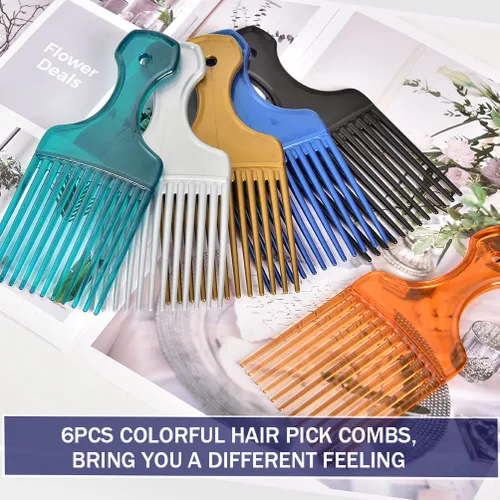 Miniatura 5 de Paquete de 6 púas afro de dientes anchos para peinado rizado, peines afro de plástico de 6.3 pulgadas para mujeres y hombres (6 colores)