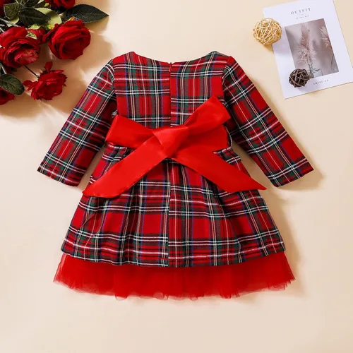 Miniatura 4 de Vestido de moda tutú para niños y niñas, traje de Navidad rojo a cuadros vestido de manga larga