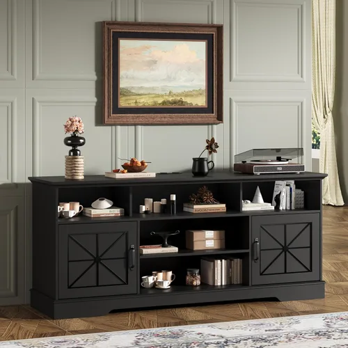 Miniatura 4 de Wodeer Soporte de TV negro para televisores de hasta 65 pulgadas, centro de entretenimiento de granja de 59 pulgadas con gabinete de almacenamiento