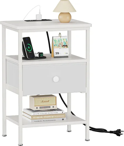 Miniatura 14 de VECELO Mesas auxiliares con estación de carga, mesita de noche con estante de almacenamiento y cajón de tela, mesitas de noche para dormitorio, sala
