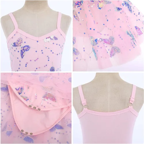 Miniatura 5 de AFAVOM Camisola de lentejuelas de mariposa para niñas, vestido de ballet con volantes, falda tutú con purpurina, leotardo, disfraz de bailarina