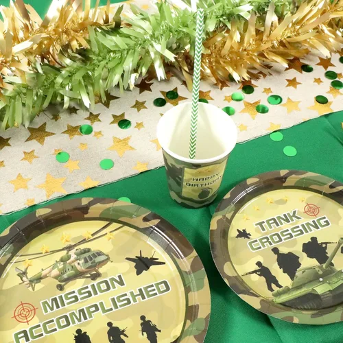 Miniatura 5 de Recheel Suministros para fiesta temática del Ejército de cumpleaños, juego de platos y servilletas de papel con temática de camuflaje para 24 Militar