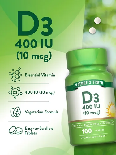 Miniatura 5 de Vitamina D3 400 iu (10 mcg) 100 tabletas Vegetariano, sin OMG, suplemento sin gluten Por Nature's Truth