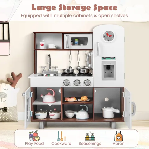 Miniatura 5 de KOTEK Juego de cocina para niños, juego de cocina de madera para niños pequeños con dispensador de agua con luces sonidos, estufa, horno, nevera