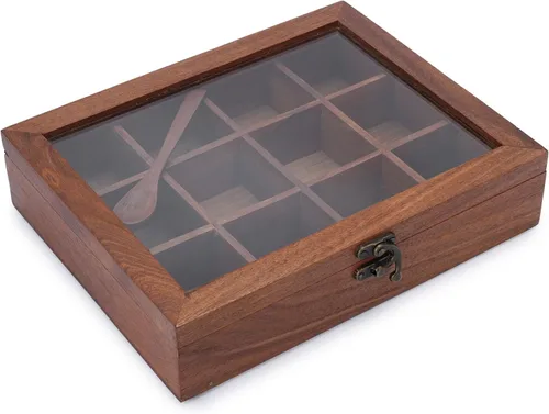 Miniatura 5 de Ajuny Caja de especias de madera de 10 x 8 pulgadas, organizador decorativo indio Masala Dabba con tapa de vidrio, 12 compartimentos y cuchara