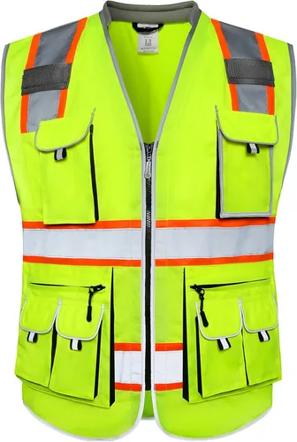 Miniatura 17 de JKSafety Chaleco de seguridad con 10 bolsillos, clase 2, de alta visibilidad, con cremallera frontal amarilla, con tiras reflectantes, cumple