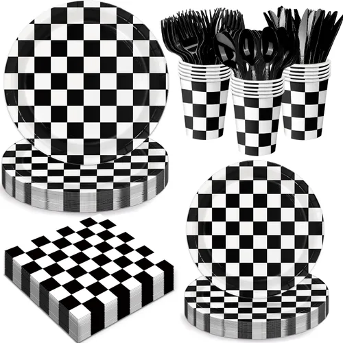 Oigco 168 piezas de decoraciones de fiesta de cumpleaños de autos de carreras con platos de bandera a cuadros, vasos, servilletas, cubiertos para