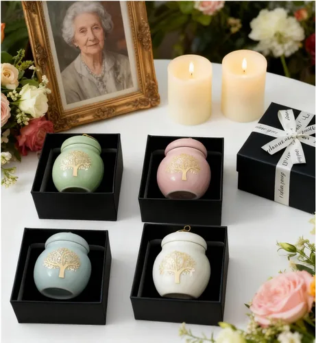 Juego de 4 pequeñas urnas de recuerdo de cerámica para cenizas, mini urna decorativa del árbol de la vida para adultos, humanos, hombres, mujeres,