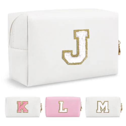Miniatura 248 de Pequeña bolsa de maquillaje personalizada con inicial A-Z Preppy Patch, bolsa de cosméticos de viaje de felpilla blanca con cremallera, bonita bolsa