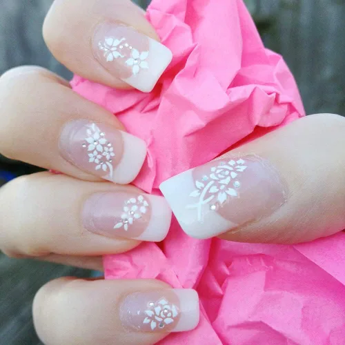 Miniatura 3 de Calcomanías de arte de uñas de flores, calcomanías autoadhesivas 3D blancas con diamantes de imitación para uñas, decoraciones, puntas de manicura