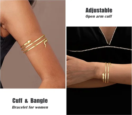 Miniatura 3 de THUNARAZ Gold Arm Cuff Bracelet for Women Arm Bracelet Upper Arm Band Bangle Bracelet Minimalist Simple Adjustable Greek Armlet Wedding Party Jewelry