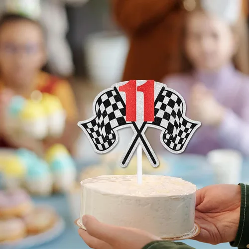 Miniatura 3 de Decoración para pastel de carreras de cumpleaños número 11, bandera a cuadros, rápido, decoración de automóvil, fiesta de cumpleaños de corredor