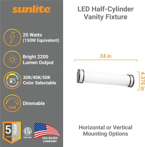 Miniatura 2 de Sunlite 81371 Lámpara LED de tocador de medio cilindro de 24 pulgadas, 25 vatios (equivalente a 150 W), 2200 lúmenes, 3 CCT ajustable 3000K-5000K