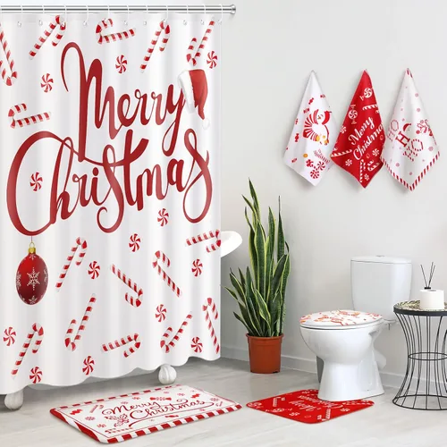 Miniatura 10 de Newwiee 7 piezas de juego de baño de Navidad, cortina de ducha de Navidad, cortina de ducha decorativa antideslizante, alfombras y toallas