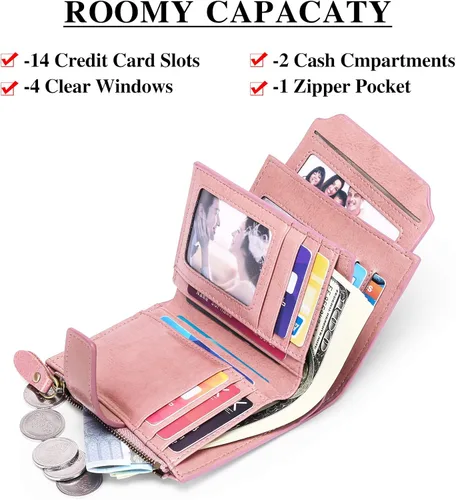 Miniatura 2 de FALAN MULE - Cartera de cuero auténtico para mujer pequeña plegable compacta con interferencia de radiofrecuencia RFID