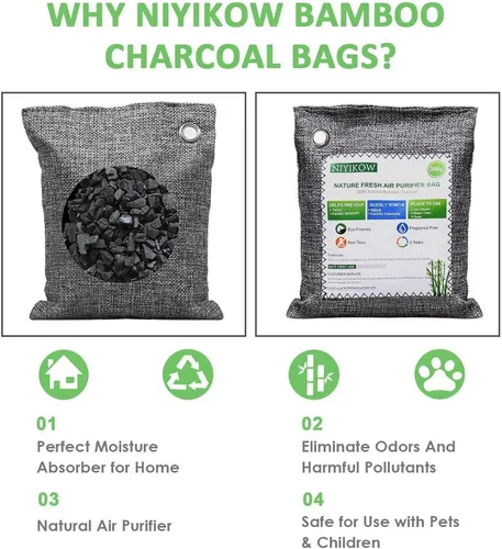 Miniatura 5 de NIYIKOW Bolsas de carbón absorbente de olores (tamaño grande, 4 unidades x 7.05 onzas), bolsas purificadoras de aire de carbón de bambú fresco