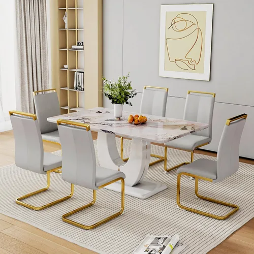 Miniatura 31 de Juego de 6 sillas de mesa de comedor para 6, juego de 6, moderno juego de comedor con mesa de comedor de mármol de 63 pulgadas, sillas tapizadas