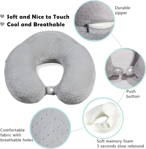 Miniatura 4 de Almohada de viaje para dormir, almohada de viaje de espuma viscoelástica gris en forma de U, almohada de avión para cabeza y cuello, almohada
