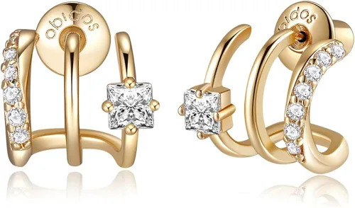 Obidos - Aretes tipo dormilona triples chapados en oro de 14 quilates con detalles decorativos Arracadas de oro para mujer