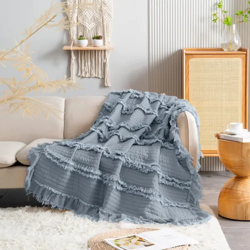 Miniatura 6 de Manta de tiro acolchada ultra suave prelavada, manta decorativa de tiro azul oscuro con volantes y flecos, manta rústica elegante lavada a la piedra