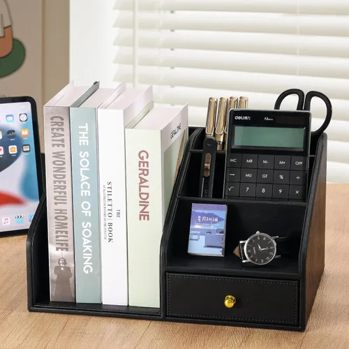 Miniatura 4 de KINGFOM Organizador de escritorio de piel sintética, organizador de escritorio multifunción con 6 compartimentos y accesorios para suministros