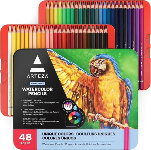 Arteza - Lápices de acuarela, 48 lápices de dibujo coloreados para artistas, lápices de acuarela en caja de metal, suministros de arte para