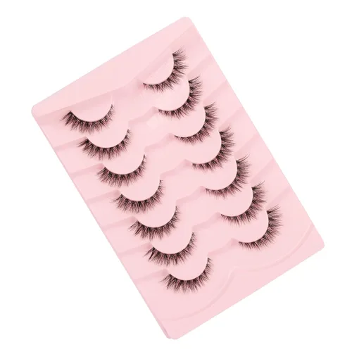 Miniatura 6 de Paquete de pestañas postizas cortas y naturales, pestañas onduladas estilo ojo de gato, banda transparente, tiras suaves, pestañas falsas, 7 pares
