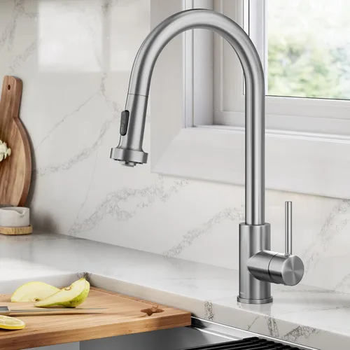 Miniatura 25 de KRAUS Bolden - Grifo de cocina de estilo comercial con mango individual de dos funciones desplegable en bronce champán antiguo libre de manchas