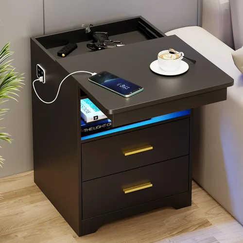 Miniatura 12 de Mesita de noche con cajón para armas, mesa de noche con carga y puerto USB y tipo C, mesita de noche LED con luz sensora humana, mesa auxiliar