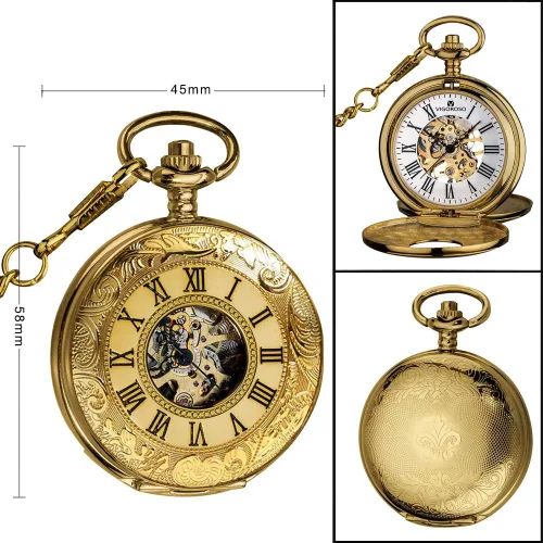 Miniatura 5 de VIGOROSO Reloj de bolsillo para hombre con cadena mitad cazador doble cubierta esqueleto mecánico números romanos dorados en caja