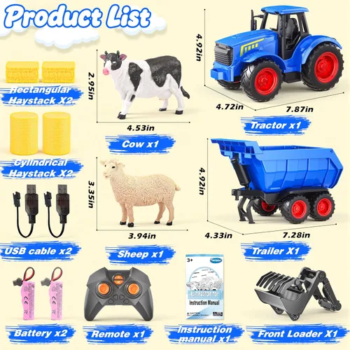 Miniatura 7 de Funwee Juego de Juguete de Tractor RC con Luz y Sonido, Coche de Granja para Niños con Remolque de Animales, Ruedas, Camión a Control Remoto, Azul