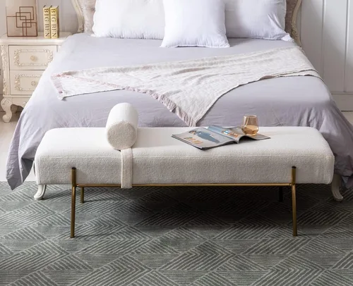 Miniatura 6 de Moderno banco de entrada tapizado con almohada desmontable para sala de estar, banco otomano de piel sintética con patas de metal dorado, cómodo