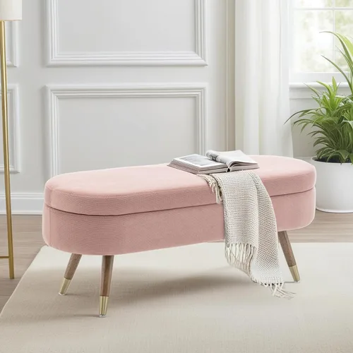 Miniatura 10 de IAFIKE Banco de almacenamiento ovalado de 43.5" Banco otomano tapizado de tela bouclé Banco reposapiés con patas de metal dorado, extremo de cama