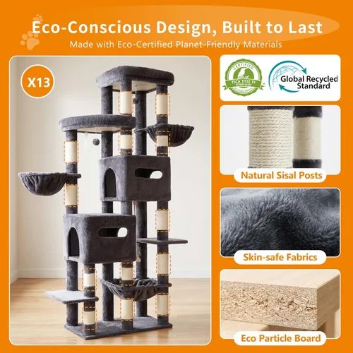 Miniatura 9 de Heybly Árbol para gatos, torre de gato amplia y alta de 74.8 pulgadas para gatos grandes, muebles para gatos con percha superior grande, base