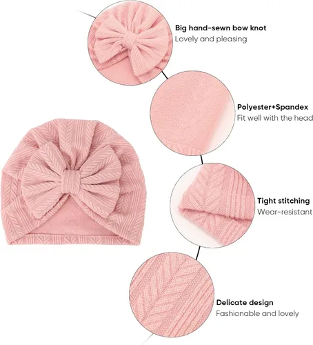 Miniatura 5 de DRESHOW BQUBO 5 Pieces Newborn Baby Turban Hats Bow Baby Infant Beanie Breathable Toddler Cap for Baby Girls