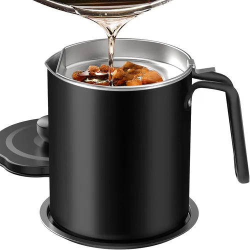 Miniatura 9 de Chihee Contenedor de grasa de acero inoxidable para tocino con filtro de malla fina, 2 litros/67.6 onzas líquidas, lata de aceite de cocina con tapa