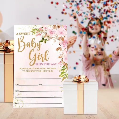 Miniatura 5 de Invitaciones de baby shower para niña floral con sobres, invitaciones para baby showers, fiesta, flores de acuarela rosa rubor, tarjetas